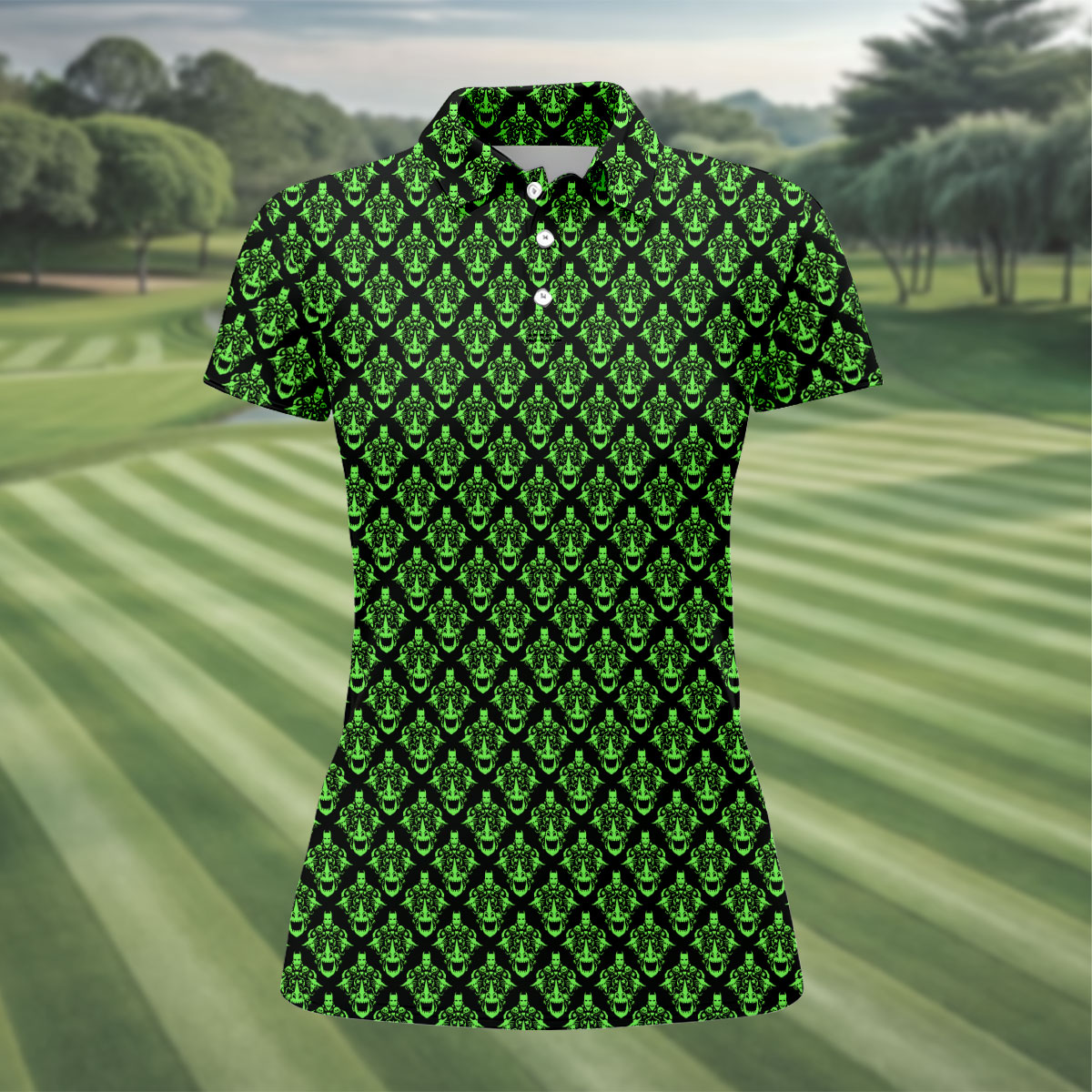 Neon Green Horror Character Pattern Golf Shirt, Women’s Golf Polo, Halloween Golf Shirt