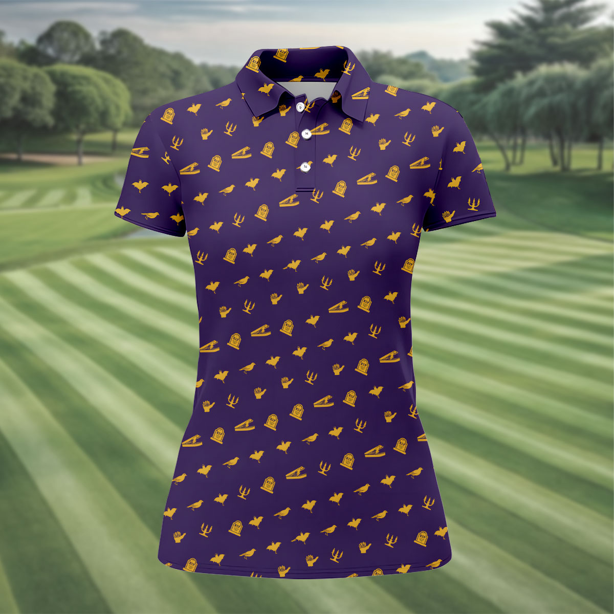 Purple Gravestone Bat Halloween Pattern Polo Shirt, Golf Polo For Women, Ladies Golf Top