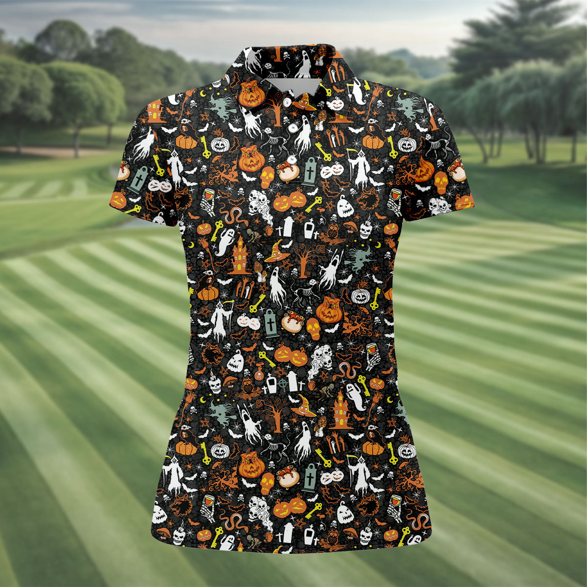 Trick or Treat Spooky Ghost Pumpkin Women's Golf Shirt, Halloween Golf Shirt, Fun Golf Shirts For Women
