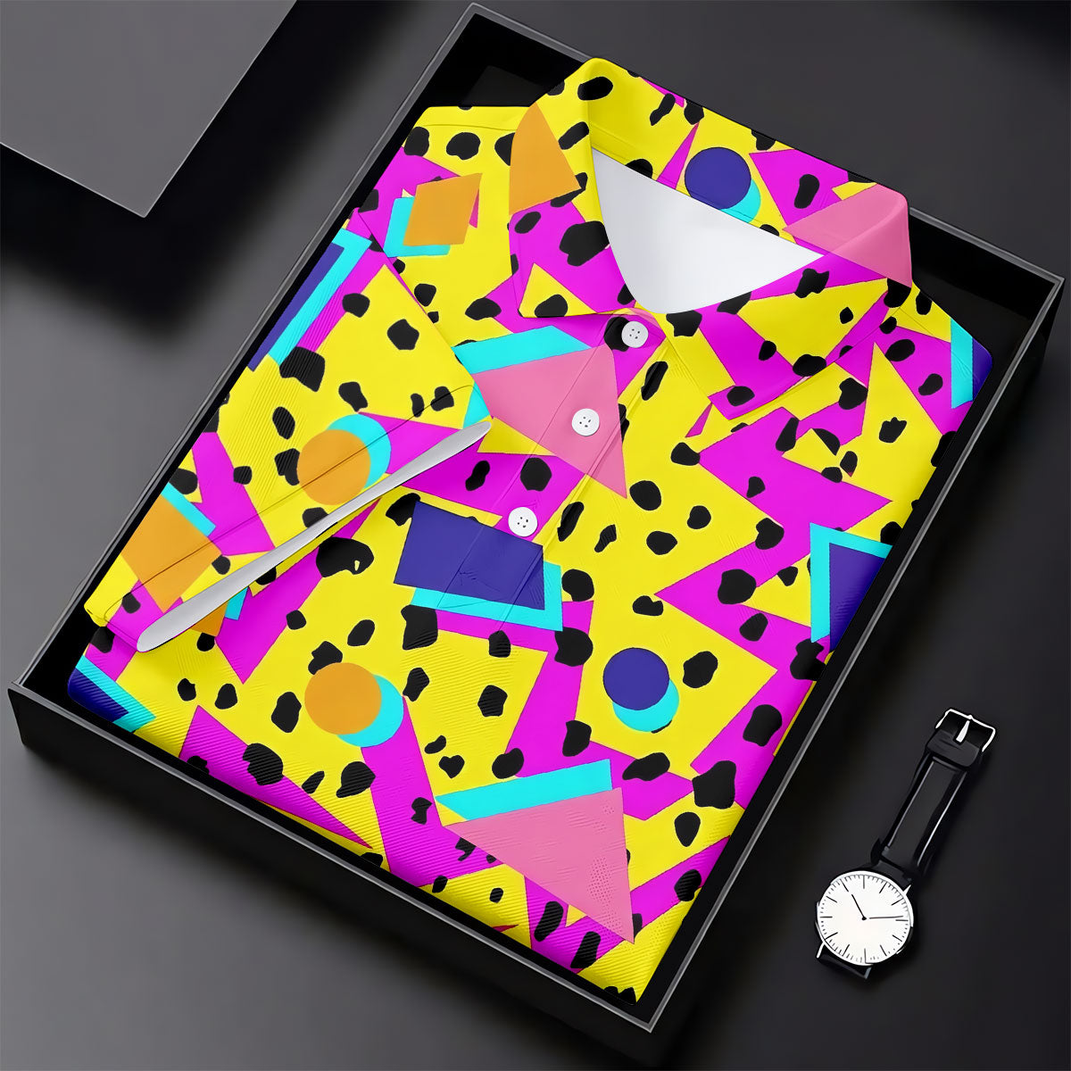Retro Neon Geometric Shapes Yellow Golf Shirt, Ladies Golf Tops, Golf Polo For Women, Women’s Golf Apparel