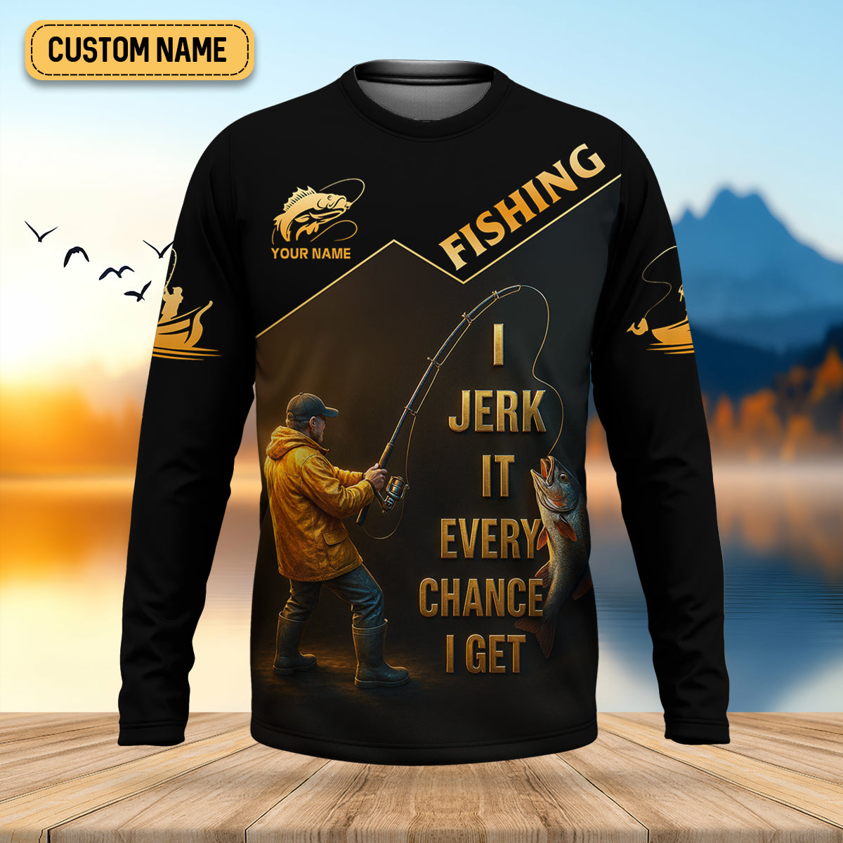 Funny Fishing T-Shirt I Jerk It Every Chance I Get Custom Name UPF Shirts, Men's Fishing Shirt