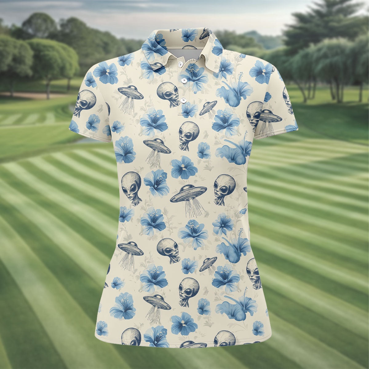 Funny Alien Blue Hibicus Tropical Theme Hawaiian Golf Shirt, Golf Shirt For Women, Golfing Apparel