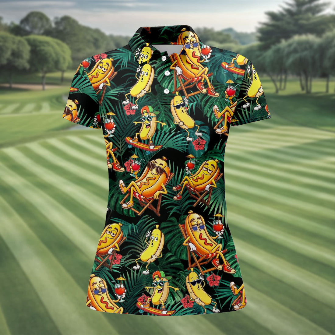 Funny Hot Dog Banana Tropical Hawaiian Golf Shirt, Womens Golf Tops, Ladies Golf Shirts