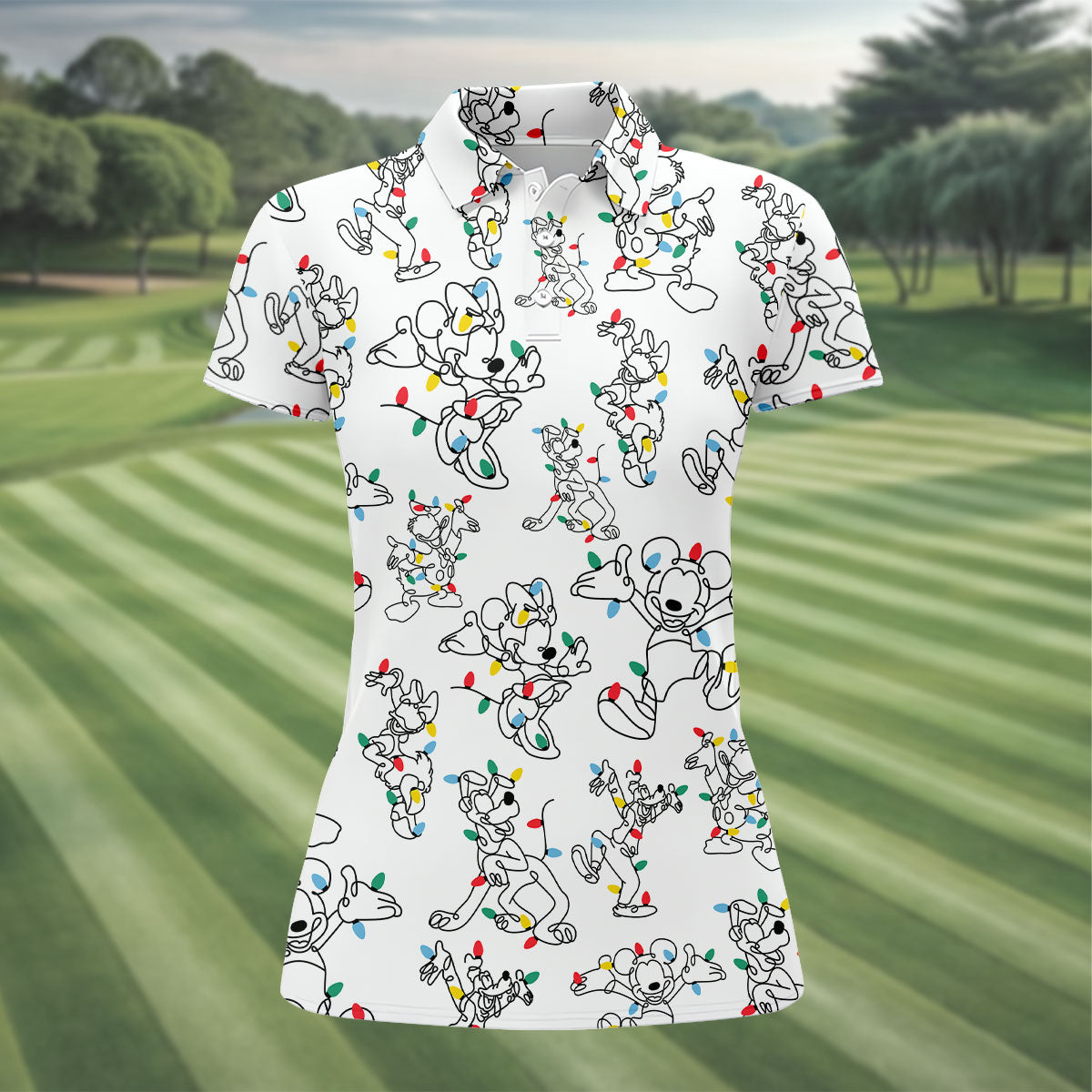Happy Cartoon Characters Xmas Golf Shirt, Women's Golf Shirts, Golf Gifts For Women, Christmas Golf Shirt