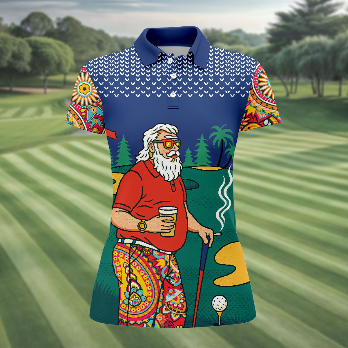 Funny Bearded Golfer Beer Lover Paisley Sleeve Golf Polo, Ladies Golf Shirts, Women’s Golf Apparel