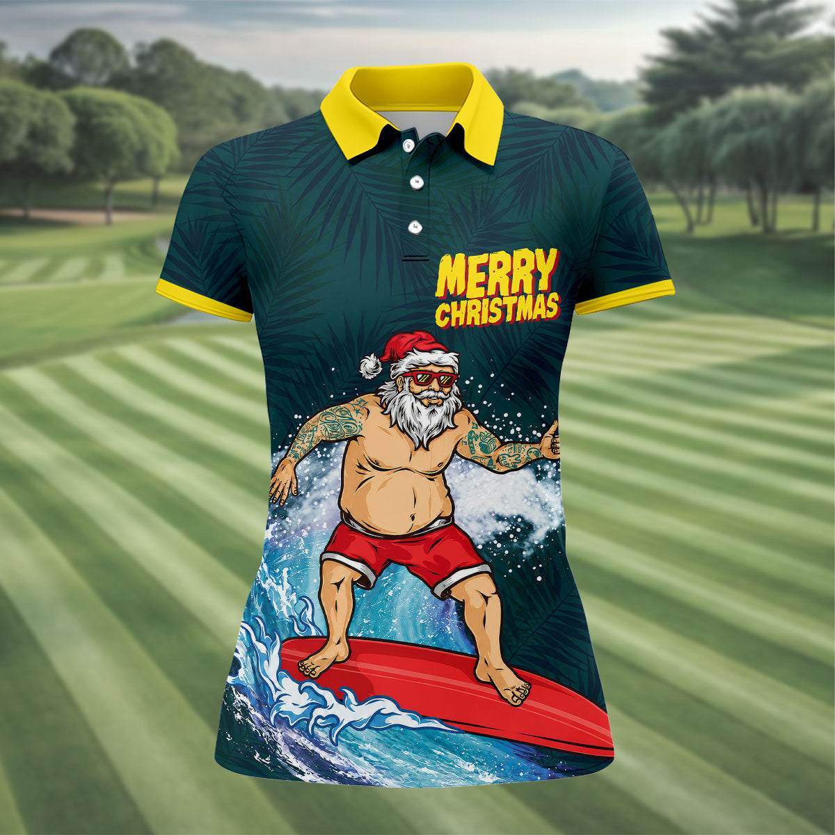 Surfing Santa Mele Kalikimaka Christmas Polo Shirt, Womens Golf Polo, Hawaiian Golf Shirt
