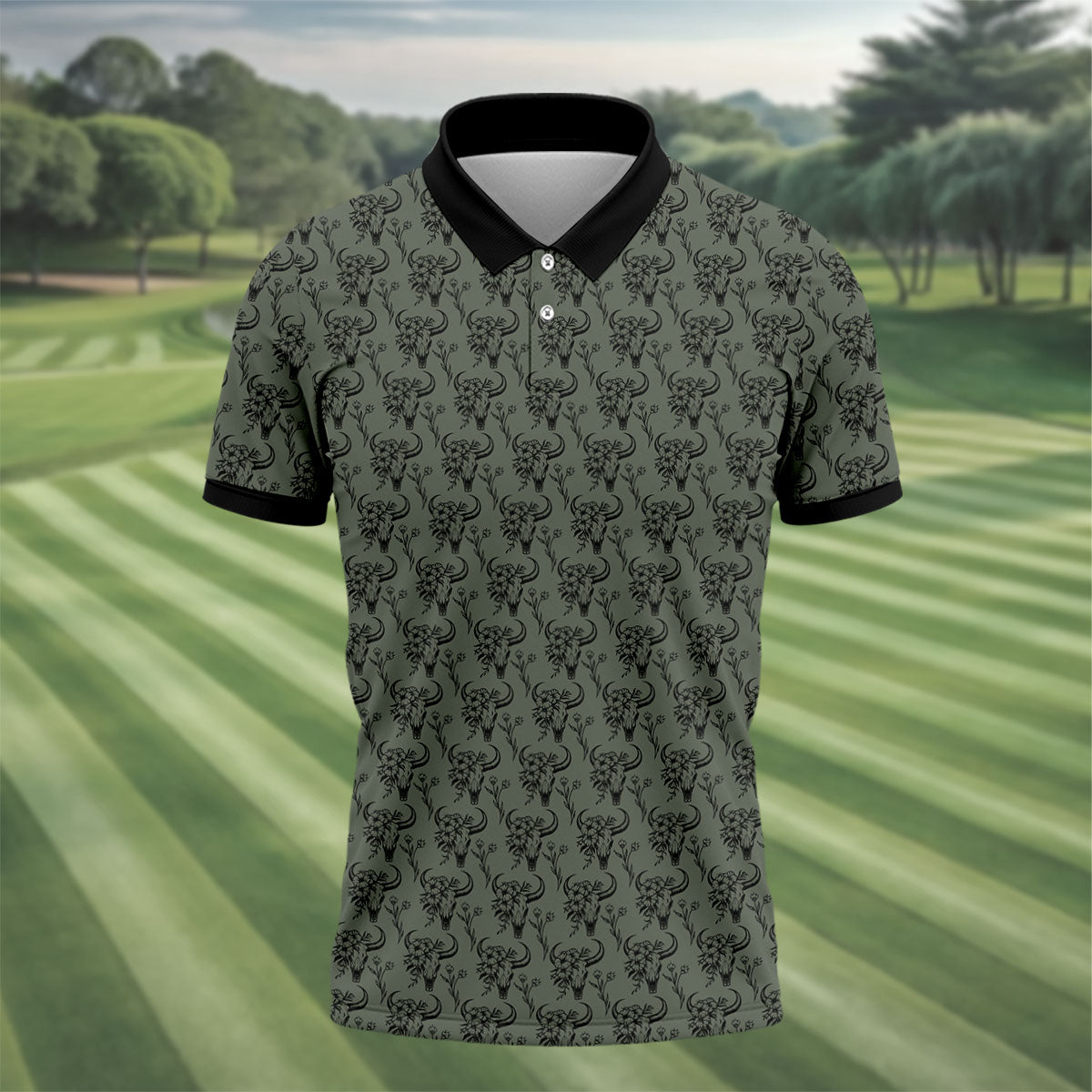 Cow Skull With Flowers Western Theme Forest Green Golf Tops For Men, Polo ShirtFor Men, Golf Shirts For Men