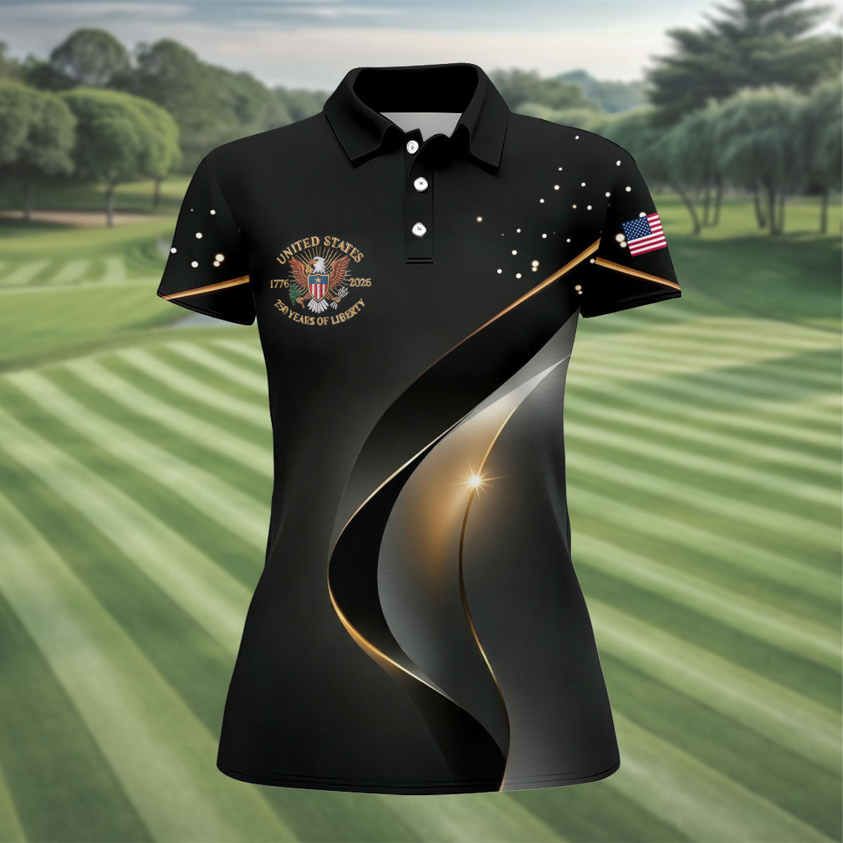 US 250 Years Of Liberty American Flag And Bald Eagle Black Golf Shirt, Patriotic 4th Of July Golf Shirt For Women