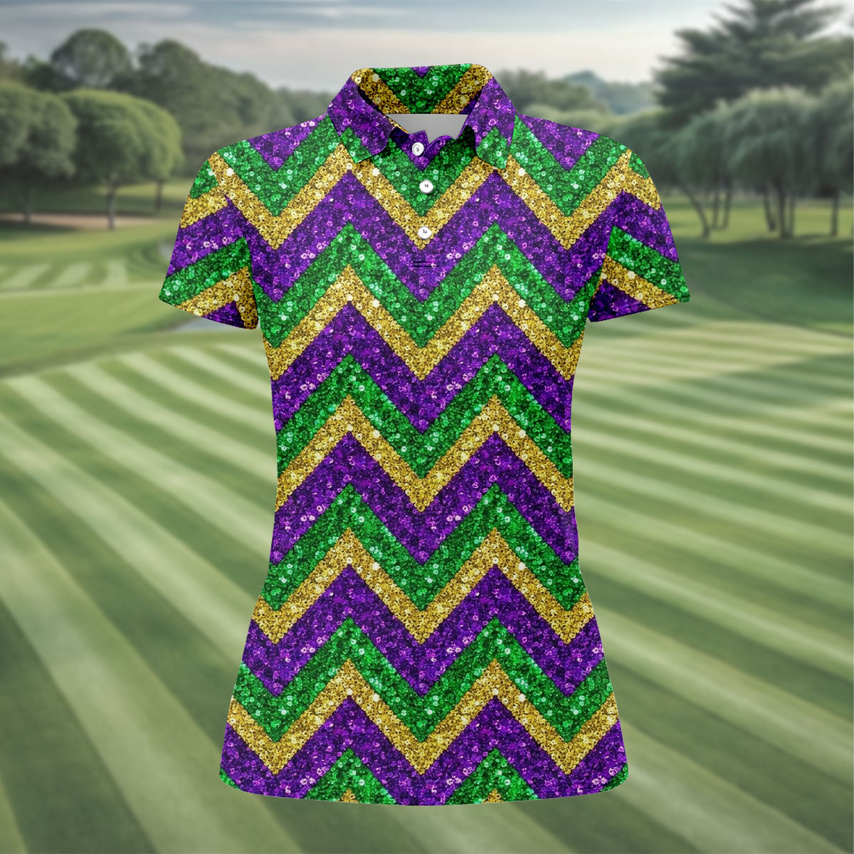 Mardi Gras Purple Gold Green Zigzag Pattern Glitter Print Women's Golf Tops, Women's Golf Shirts, Ladies Golf Polos
