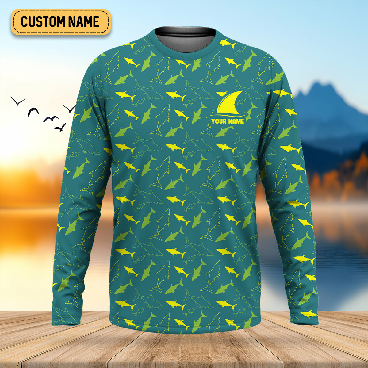 Green And Yellow Shark Pattern Performance Fishing Shirts, SPF Shirt For Men, Fishing Gifts For Men