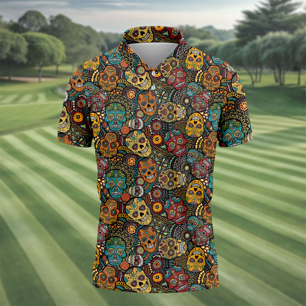 Colorful Sugar Skull Halloween Polo Shirt, Golf Shirts For Men, Golf Apparel For Men