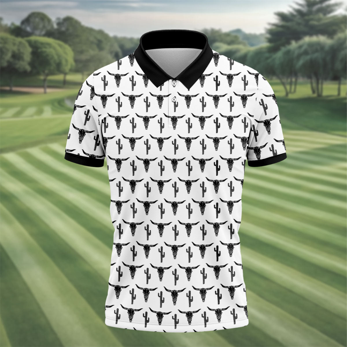 Longhorn Cow Skull Western Theme White Golf Tops For Men, Polo ShirtFor Men, Golf Shirts For Men