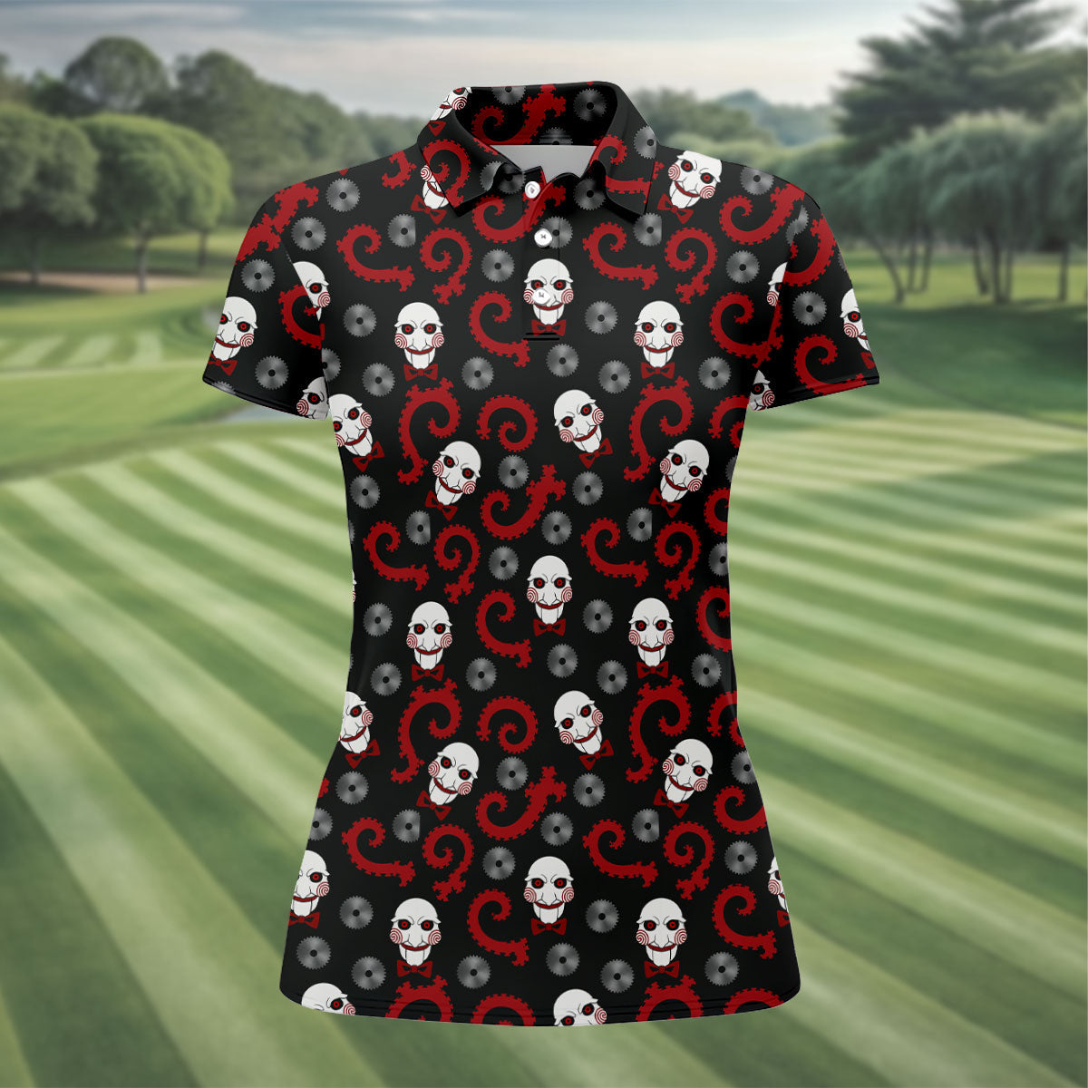 Creepy Puppet Spiral Halloween Golf Polo Shirt, Horror Movie Shirt, Golf Shirts For Women