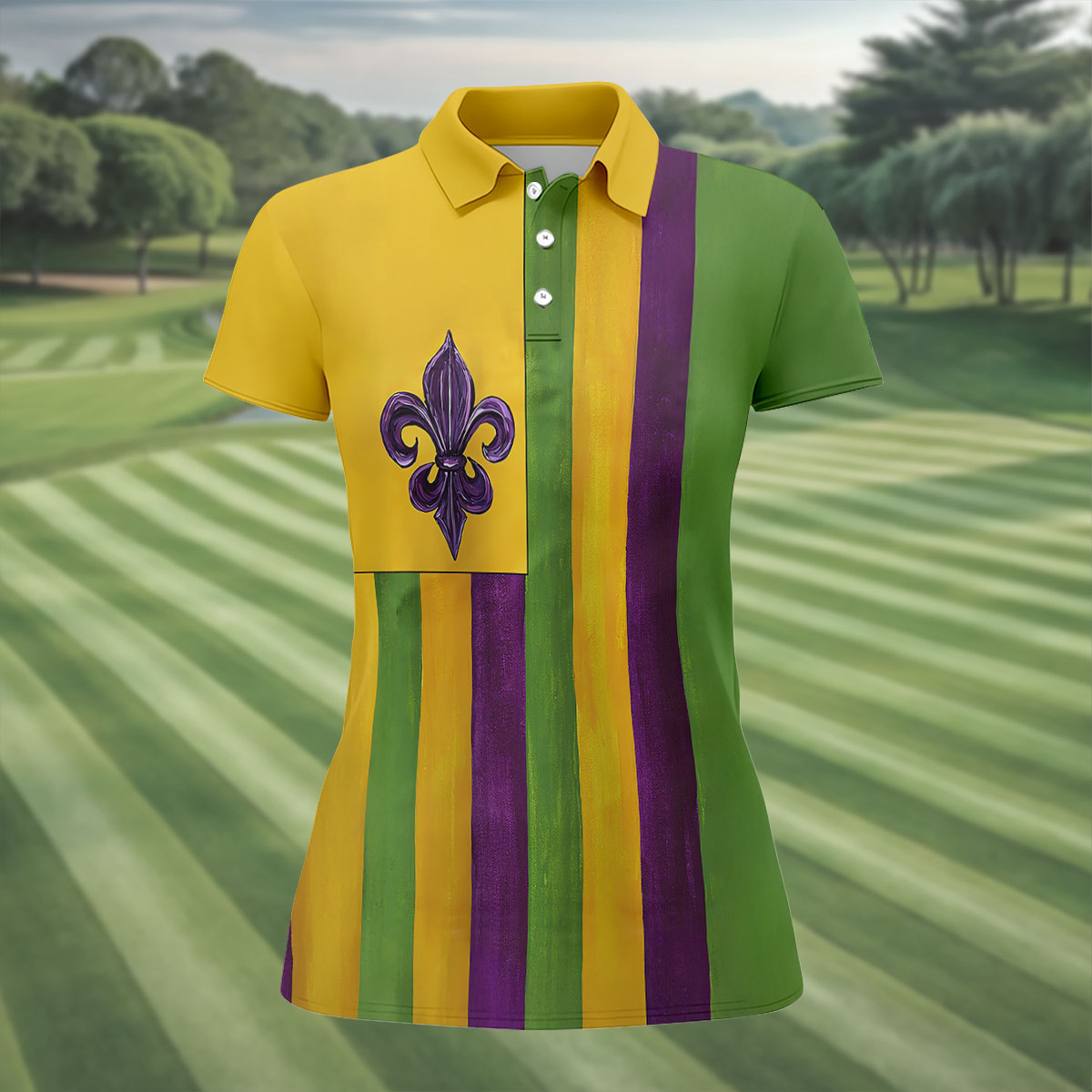 Purple Green Gold Vertical Stripes Fleur De Lis Flower Mardi Gras Golf Shirt, Women's Golf Tops, Ladies Golf Shirt