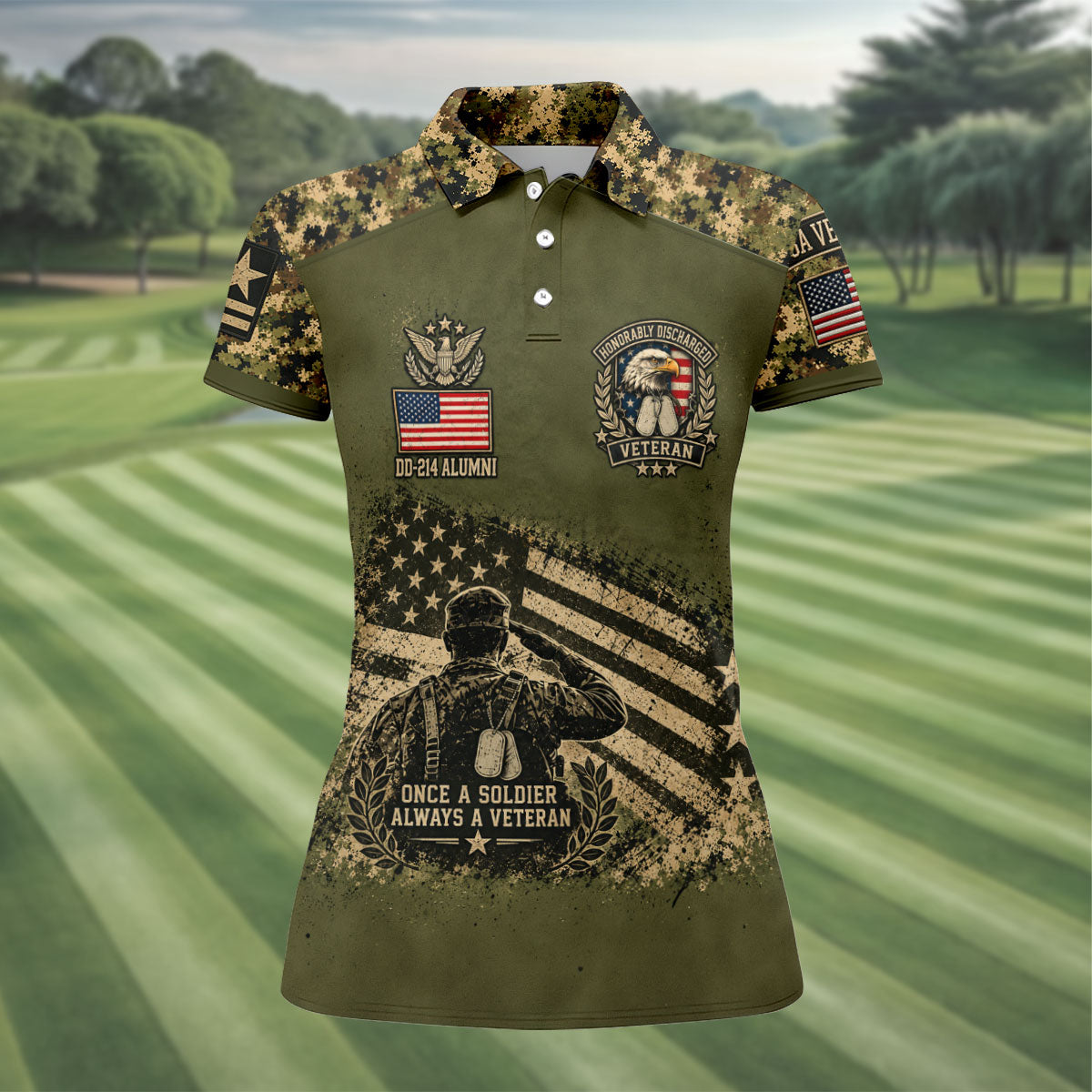 DD-214 Soldier Flag Camo Golf Polo Shirt, Women Golf Shirts, Veterans Day Golf Shirt