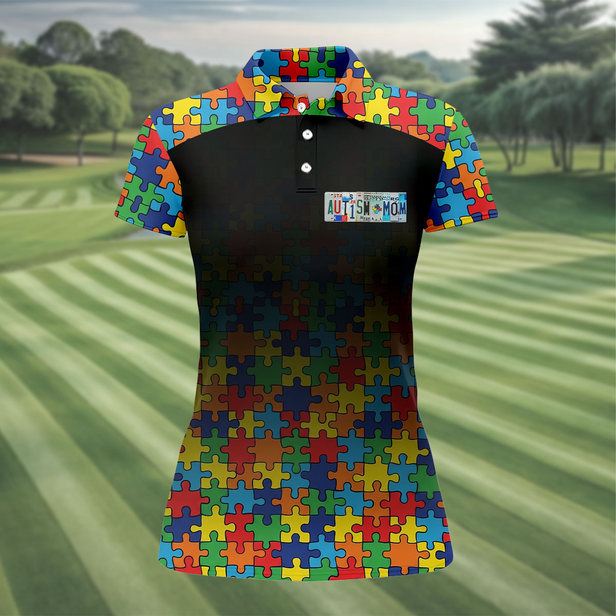 Autism Mom Colorful Puzzles Black Faded Women's Golf Tops, Golf Shirt For Women, Unique Mother's Day Gifts
