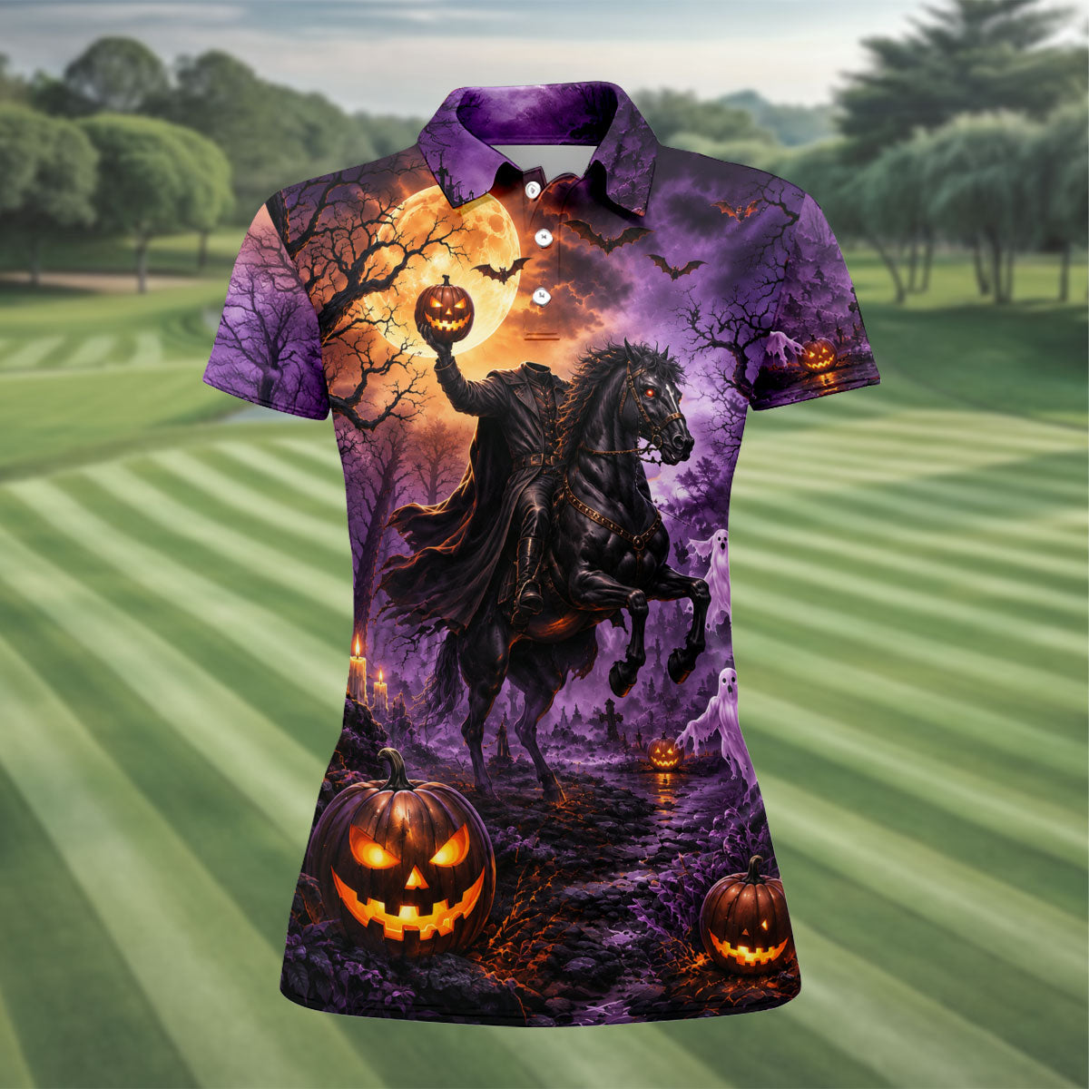 Halloween Headless Rider Horror Character Polo Shirt, Ladies Golf Shirts, Womens Golf Tops