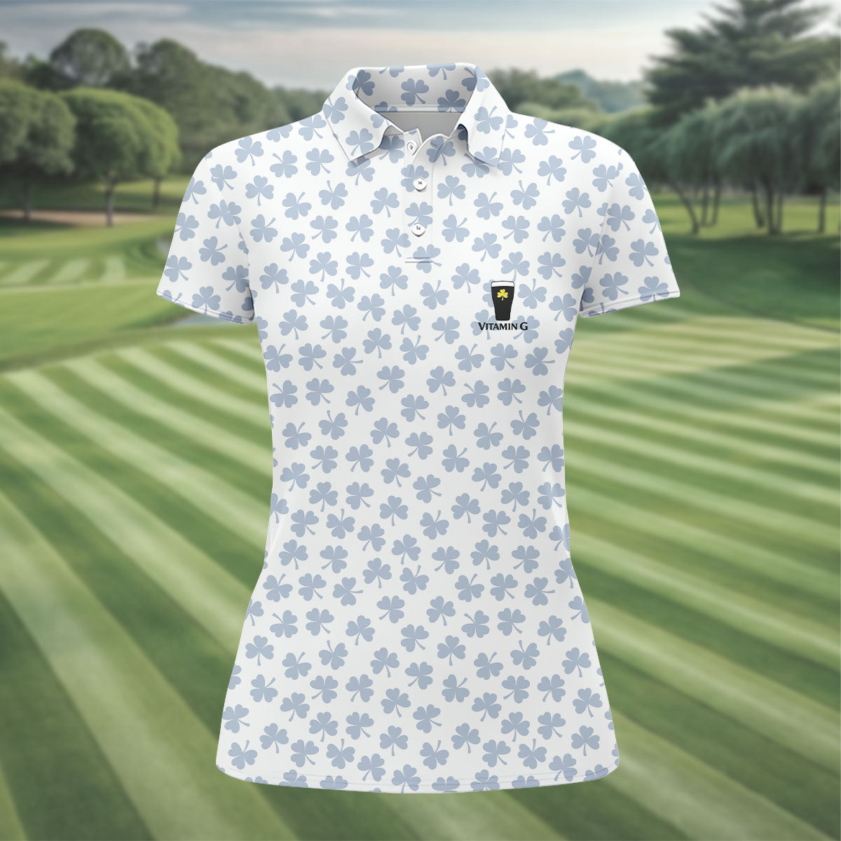 Vitamin G Shamrock Pattern Golf And Beer White Golf Shirt, St Patrick's Day Golf Shirt, Women's Golf Shirts