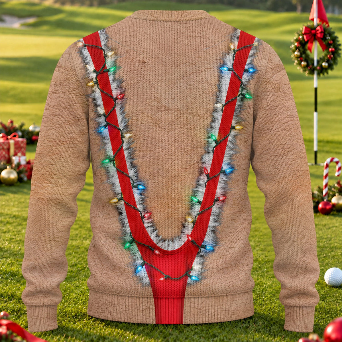 Hairy Chest Lights Print Sweater, Christmas Golf Shirt For Men, Ugly Christmas Sweater