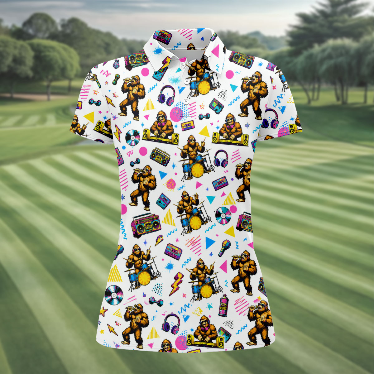 Bigfoot Party Memphis Pattern Retro Golf Shirt, Hawaiian Golf Shirt, Golf Shirt For Women