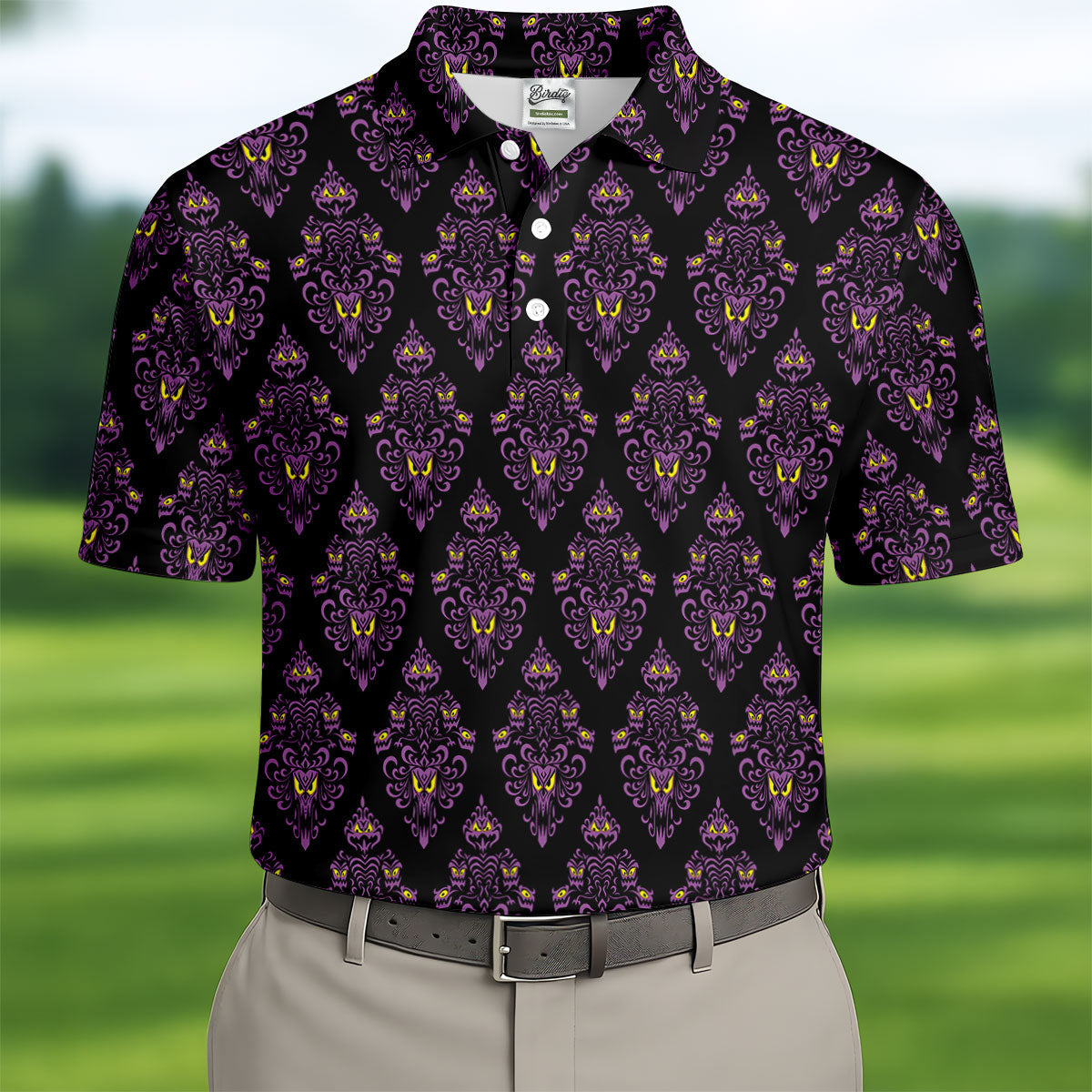 Purple Haunted Demon Faces Halloween Polo Shirt, Printed Golf Shirts, Golf Apparel For Men
