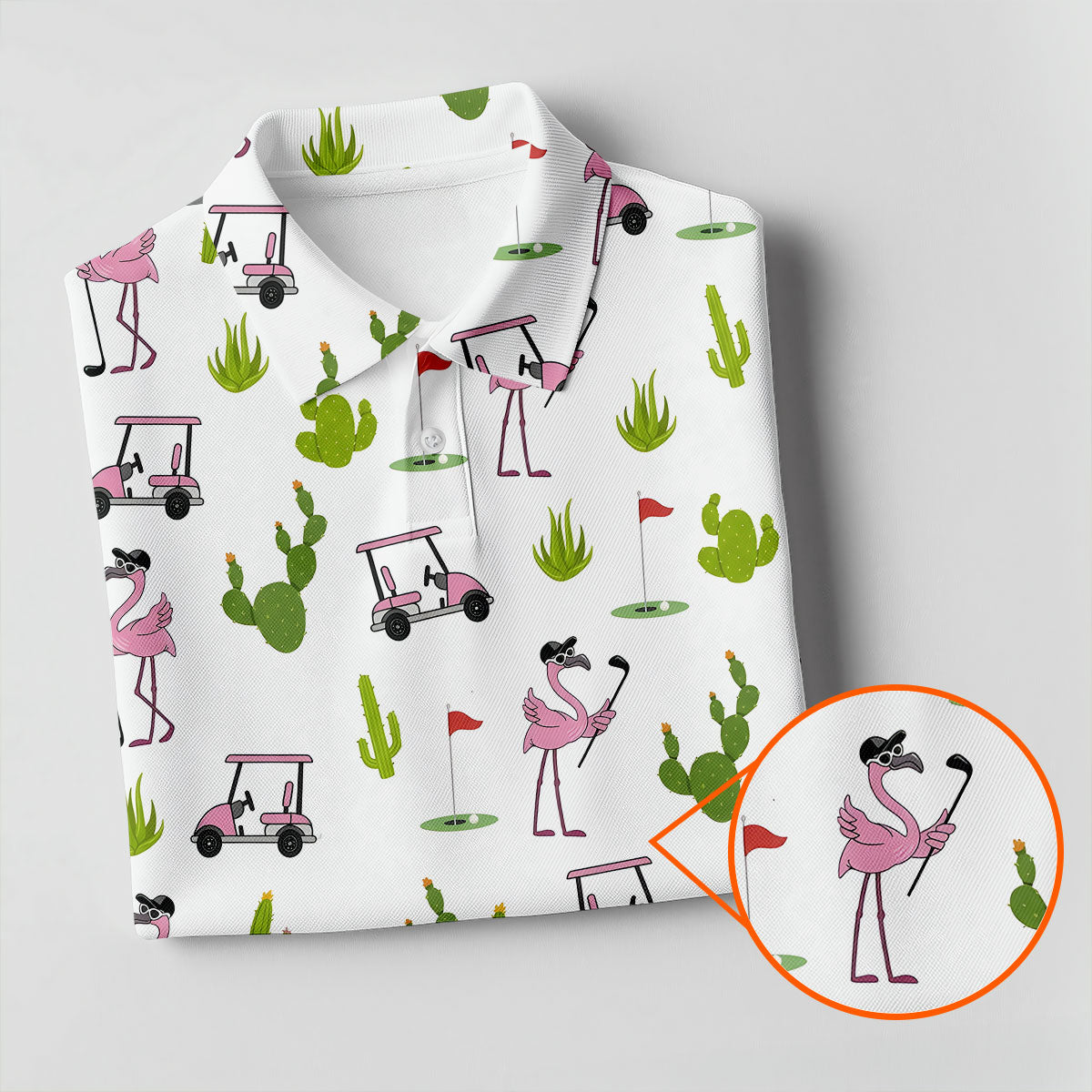 Pink Flamingo Golf Cart Cactus Hawaiian Golf Shirt, Women’s Golf Polo, Performance Golf Shirt