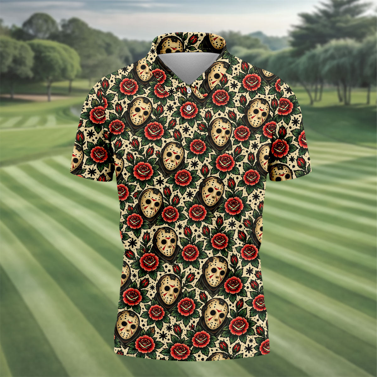 Rose Mask Halloween Horror Character Polo Shirt, Mens Golf Polo, Mens Golf Apparel