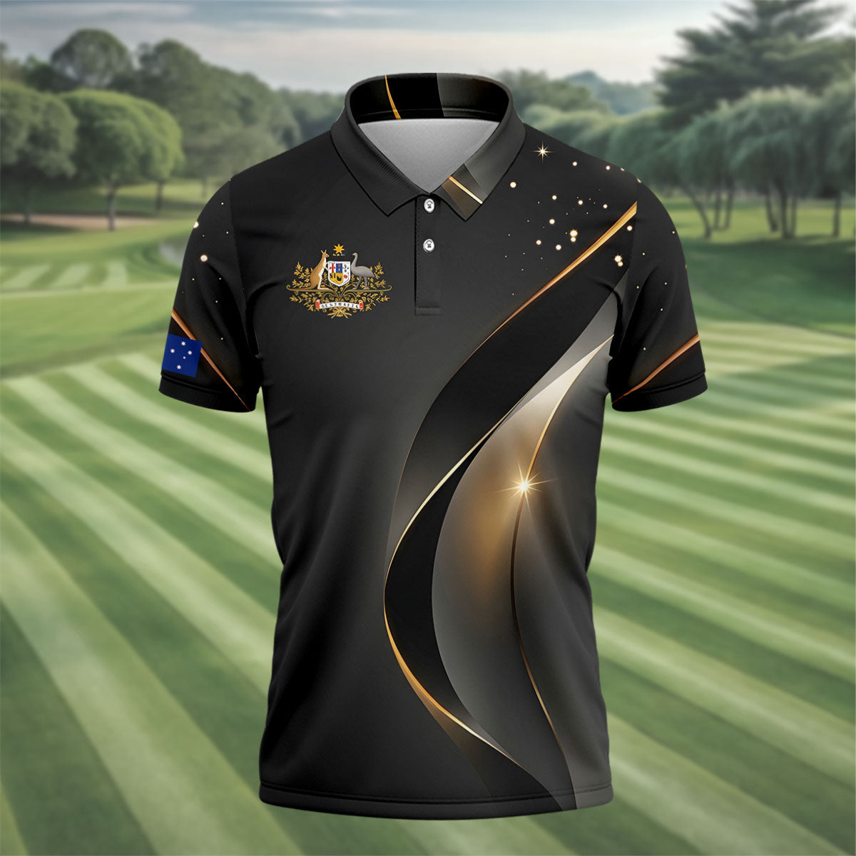 Australian Coat Of Arms Black And Gold Gradient Golf Tops For Men, Polo Shirts For Men