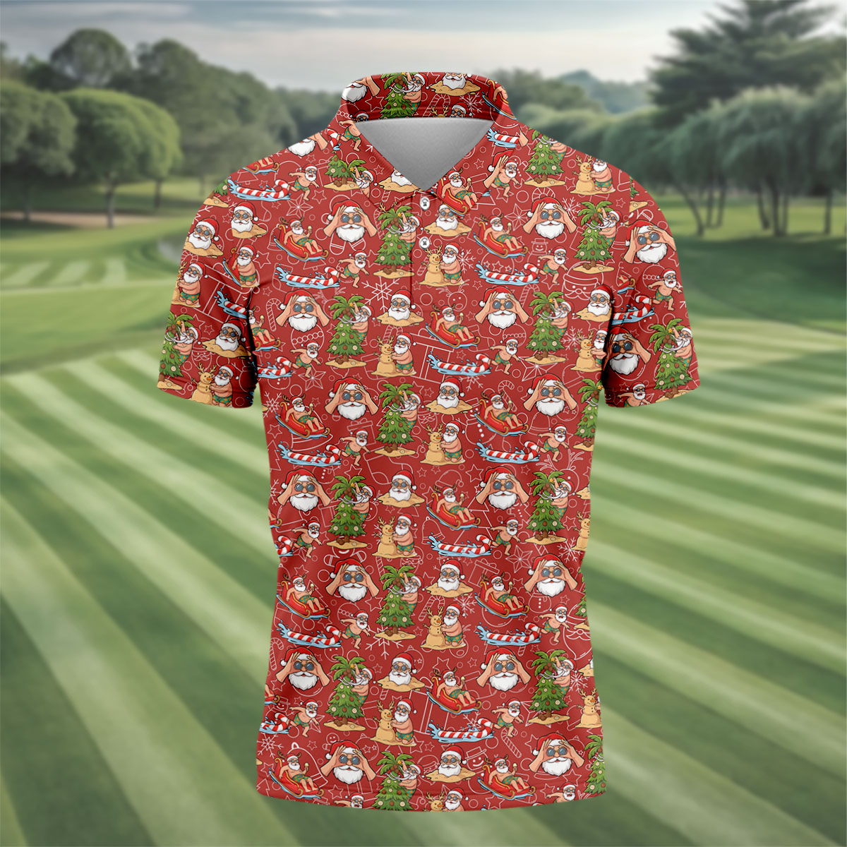 Tropical Santa Summer Christmas Pattern Polo Shirt, Mens Golf Polo, Christmas Shirt