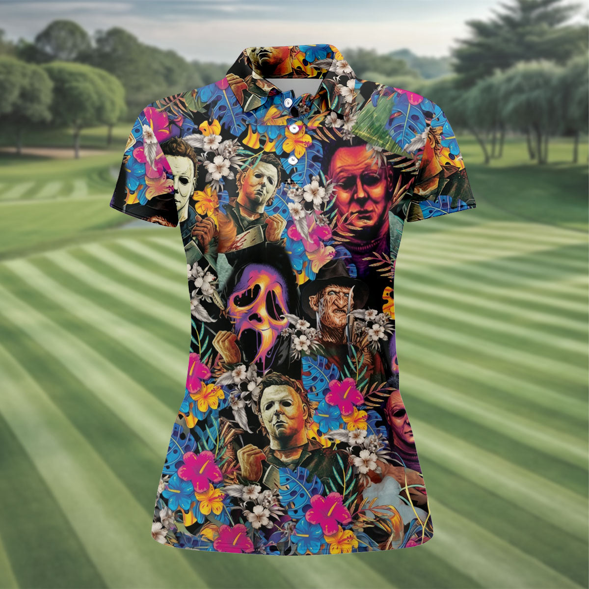 Tropical Horror Character Hawaiian Golf Shirt, Women's Golf Polo, Halloween Golf Apparel