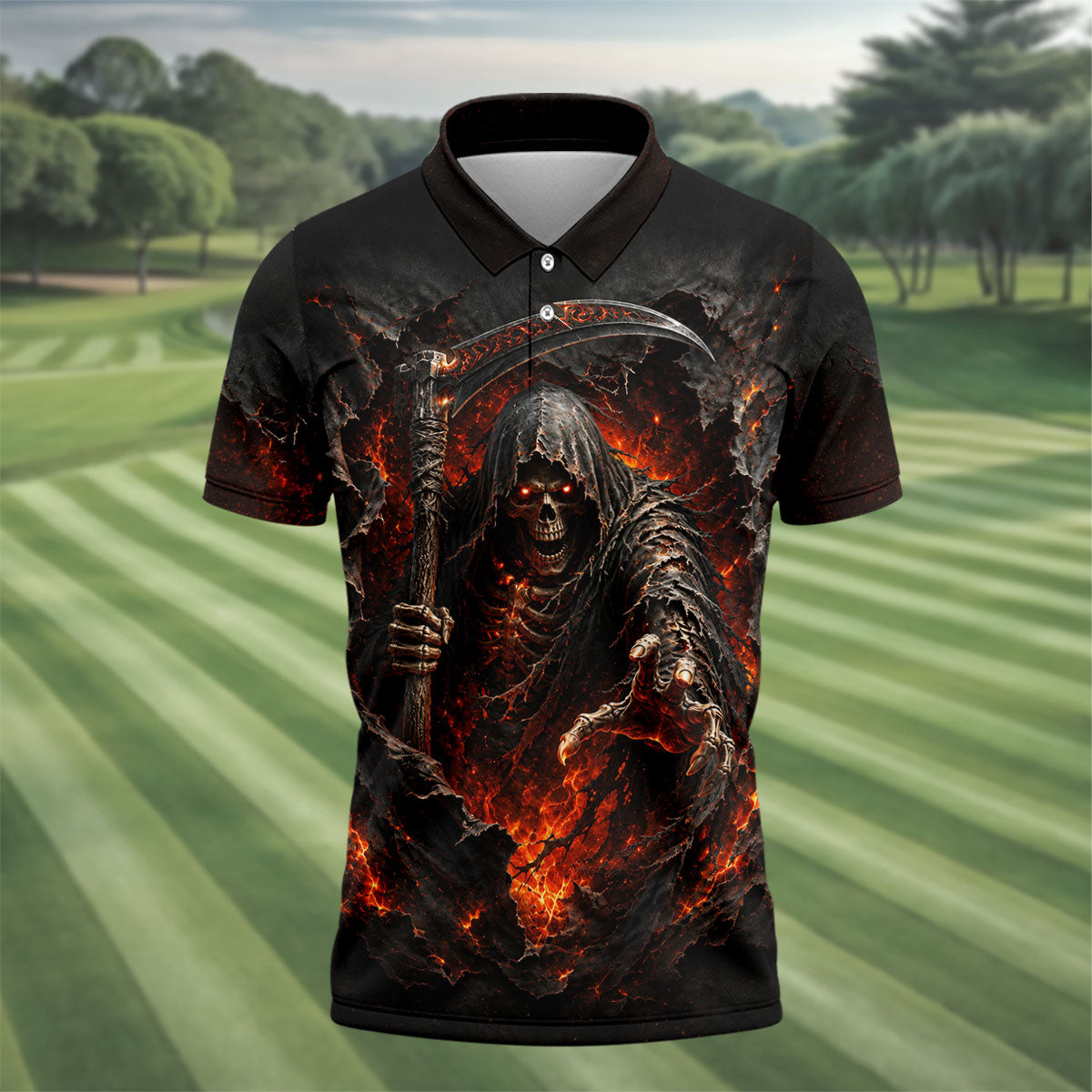 Halloween Grim Reaper Horror Character Polo Shirt, Mens Golf Shirts, Golf Apparel For Men