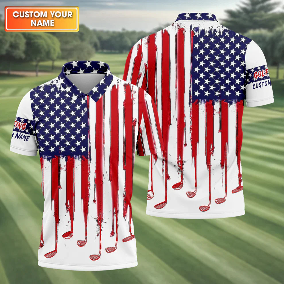 Custom Name USA Flag Golf Polo - Melting American Flag & Golf Club Design, Men's Patriotic 250th Anniversary Shirt