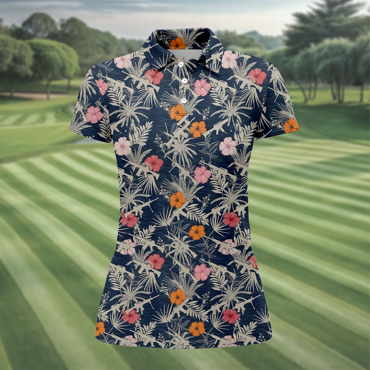 Hawaiian Hibicus Military Theme Navy Golf Shirt, Women Golf Top, Ladies Golf Shirts