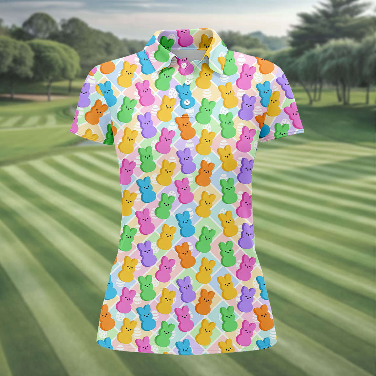 Pastel Easter Peeps Colorful Checkered Women Golf Top, Cute Golf Outfit, Ladies Golf Shirts