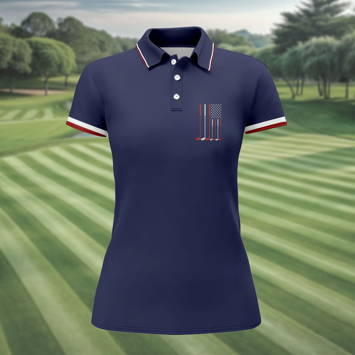 Golf Clubs America Flag Logo 250th Anniversary Navy Golf Shirt, Patriotic Golf Shirt, Women's Golf Tops