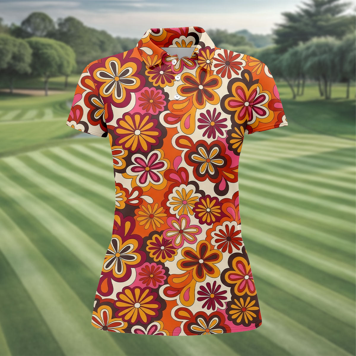 Retro Floral Pattern 70s Color Ladies Golf Tops, Retro Golf Shirt, Women's Golf Tops, Ladies Golf Shirt