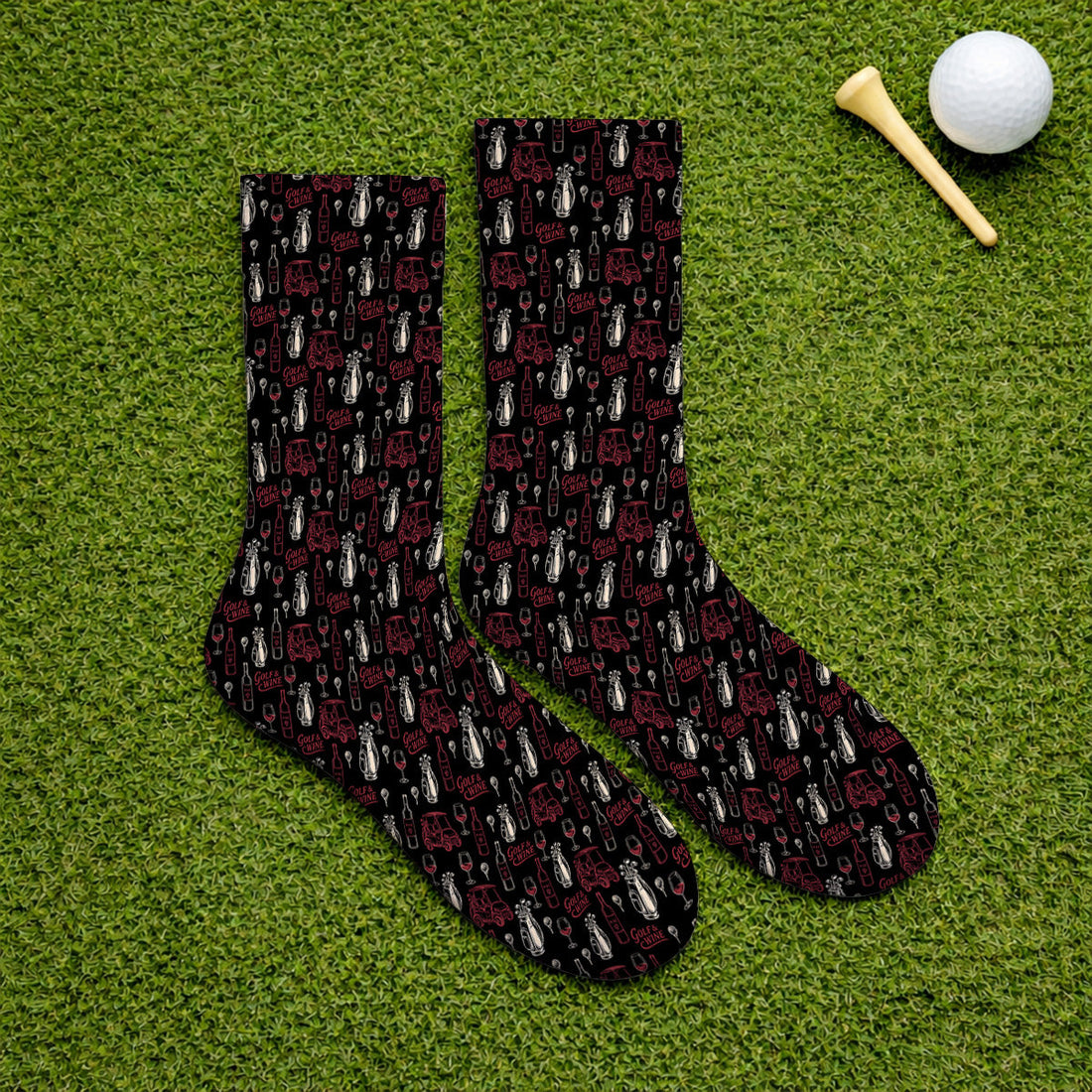 Funny Golf & Wine Pattern Golf Socks, Funny Golf Sock For Wine Lover, Golf Gift For Golfer