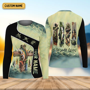 I Catch He Clean Christian Camouflage Fishing UPF Shirts, Funny Fishing Shirt, Fishing Shirt For Women