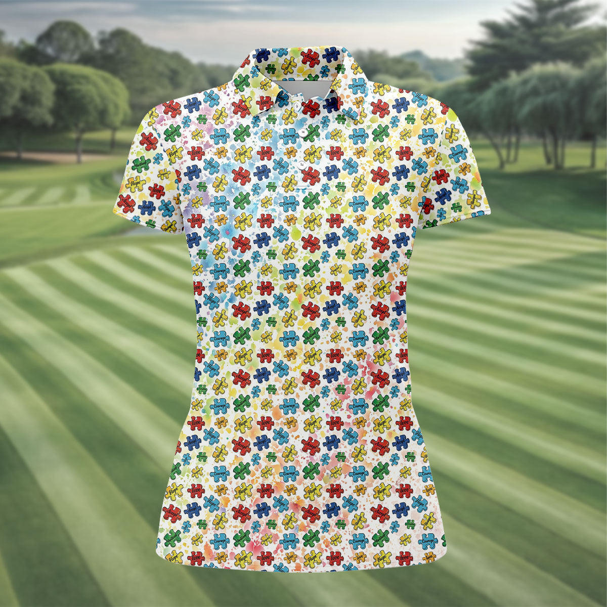 Autism Awareness Jigsaw Puzzle Pieces Rainbow Paint Splatter Golf Shirt For Women, Ladies Golf Polos