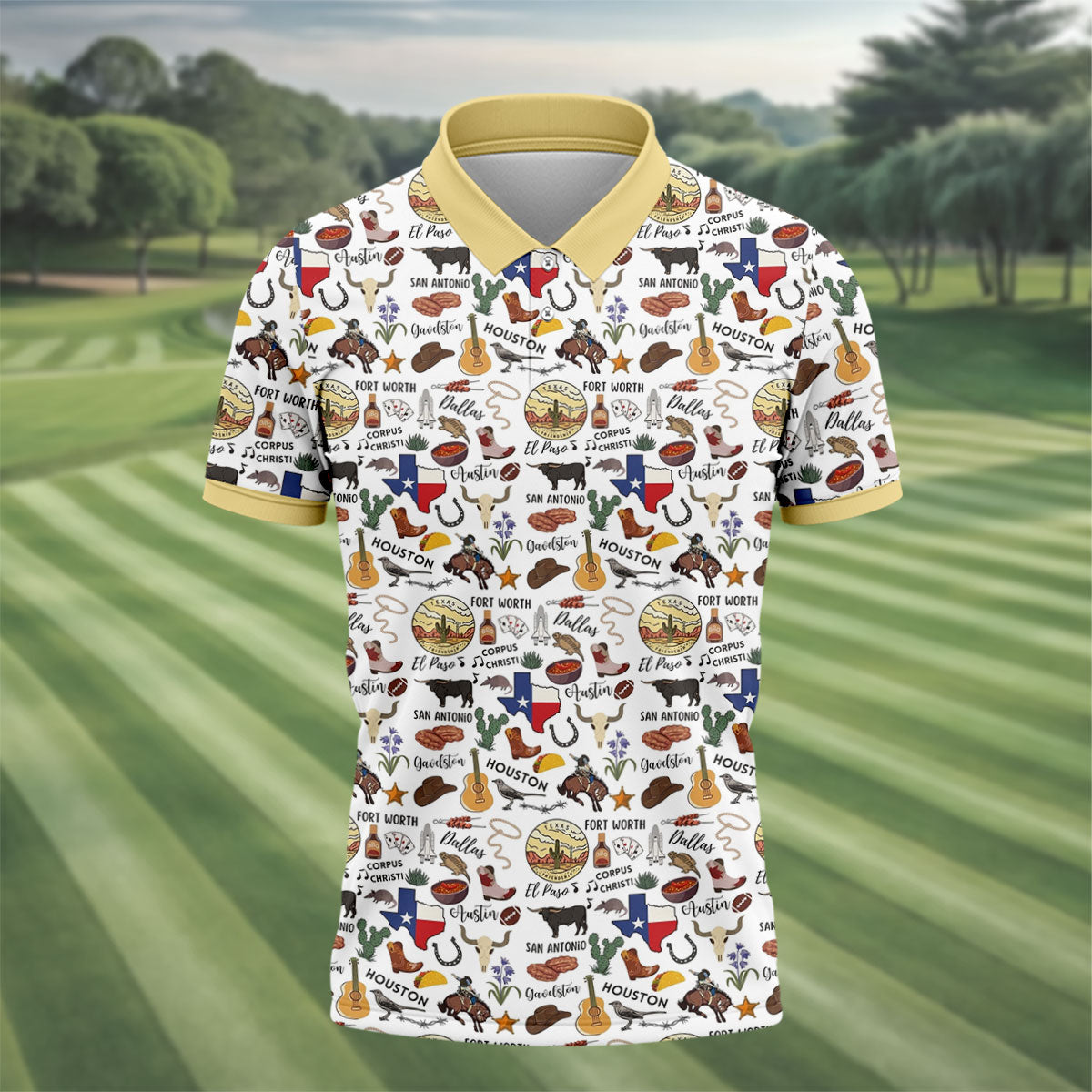 Texas Symbols Western Theme Doodle Style Golf Tops For Men, Polo ShirtFor Men, Golf Shirts For Men