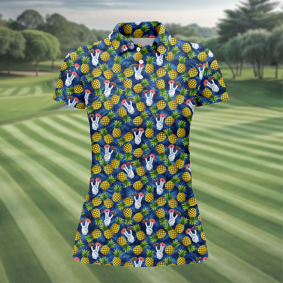 Hawaiian Pineapples Donut Finger Blue Green Yellow Fun Women's Golf Shirts, Women's Golf Tops, Ladies Golf Shirts