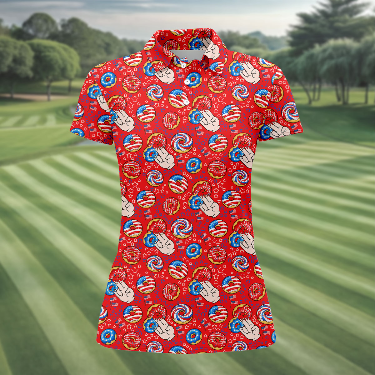 Donut Finger Funny Dirty American Flag Pattern Red Women Golf Top, 250th Anniversary Patriotic Golf Shirt
