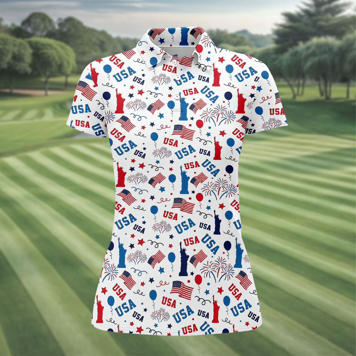 USA Red White Blue Seamless Pattern White Golf Shirt, 250th Anniversary Patriotic 4th Of July Golf Shirt For Women
