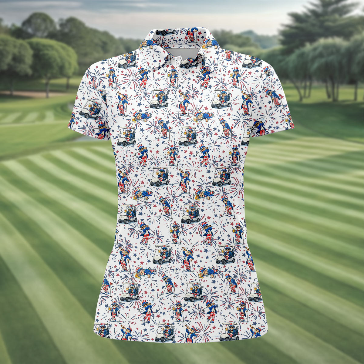 Patriotic Theme Golf And Beer Funny 4th Of July Golf Shirt, 250 Years Seamless Pattern Women's Golf Tops