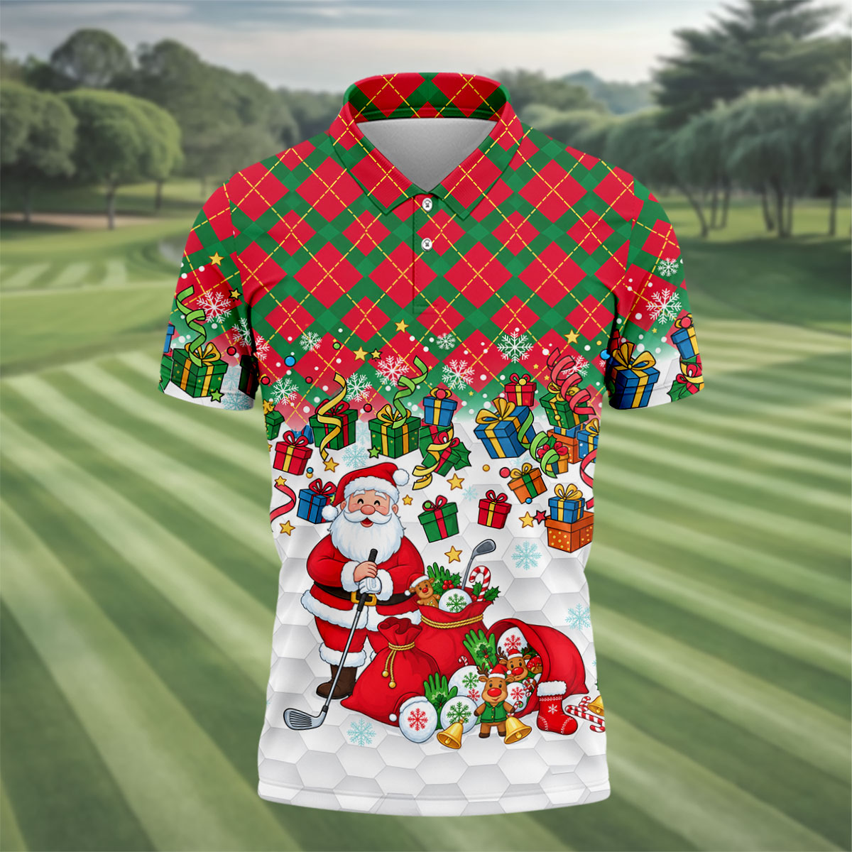Christmas Santa Golfer and Gifts Polo Shirt, Printed Golf Shirts, Mens Golf Polo
