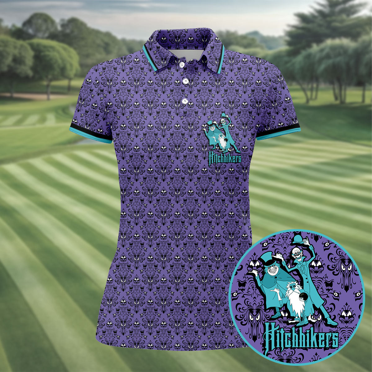 Hitchhikers Horror Character Golf Polo Shirt, Ladies Golf Top, Halloween Shirt For Women