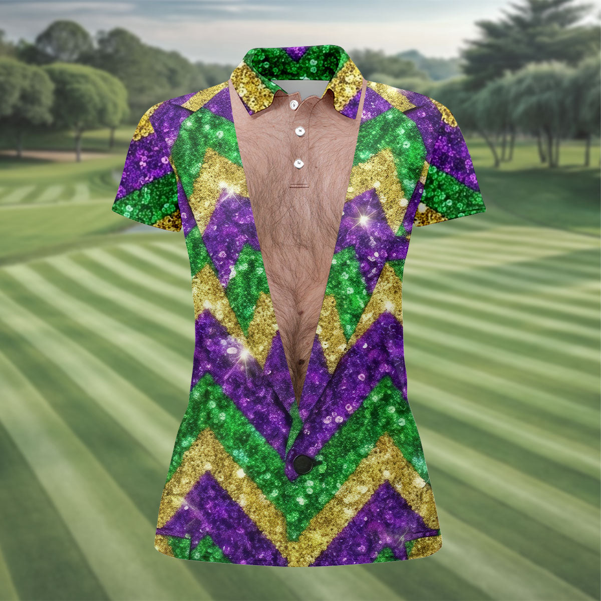 Mardi Gras Purple Green Gold Printed Sequin Zigzag Pattern Women's Golf Tops, Fun Women's Golf Shirts