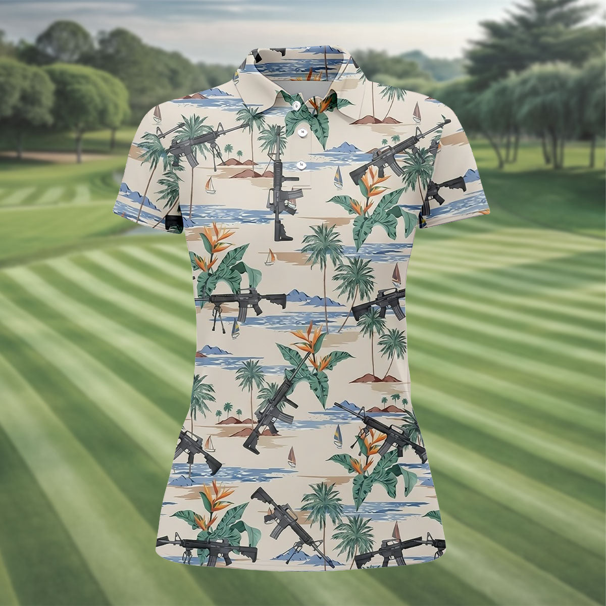 Hawaiian Palm Tree With Army Theme Women Golf Top, Ladies Golf Shirts, Golfing Apparel