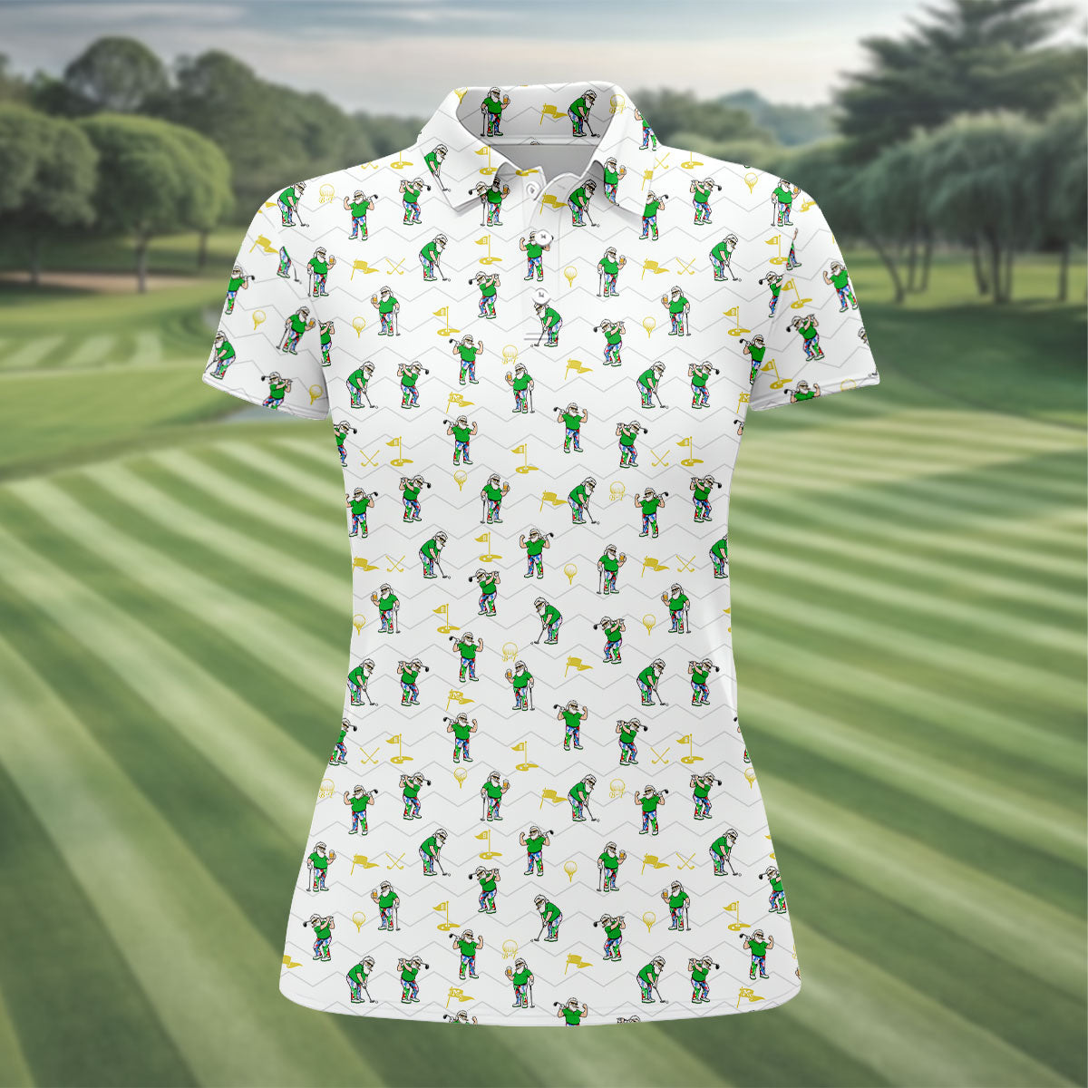 Funny Bearded Golfer Cartoon Pattern Polo Shirt, Womens Golf Tops, Golf Tops For Women