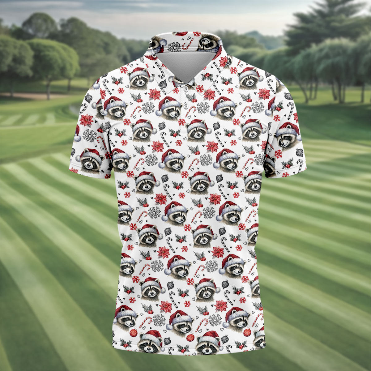 Christmas Raccoon Santa Hat Golf Polo Shirt, Mens Golf Polo, Golf Apparel For Men